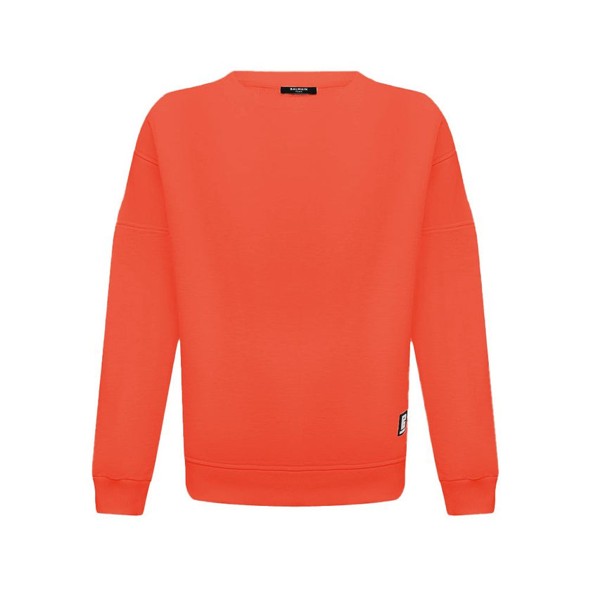 Orange Cotton Men SweaterElevate your style quotient with the Balmain cotton sweatshirt, where comfort meets high fashion. This bold orange piece showcases an audacious logo print on the back complemented by a striking rubber logo on the front, encapsulat