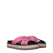 Pink Fabric SlippersDescription: The product with MPN FC52ES194F7427 and code F70128 fabric in fuchsia is a slippers and clogs designed by Kenzo. It has features like side logo. Additional Info: Style: Casual Materials: Fabric Shoe sole: Rubber Heel heigh