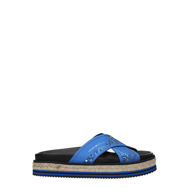 Blue Fabric SlippersDescription: The product with MPN FC52ES194F7471 and code F70128 fabric in blue is a slippers and clogs designed by Kenzo. It has features like side logo. Additional Info: Style: Casual Materials: Fabric Shoe sole: Rubber Heel height: