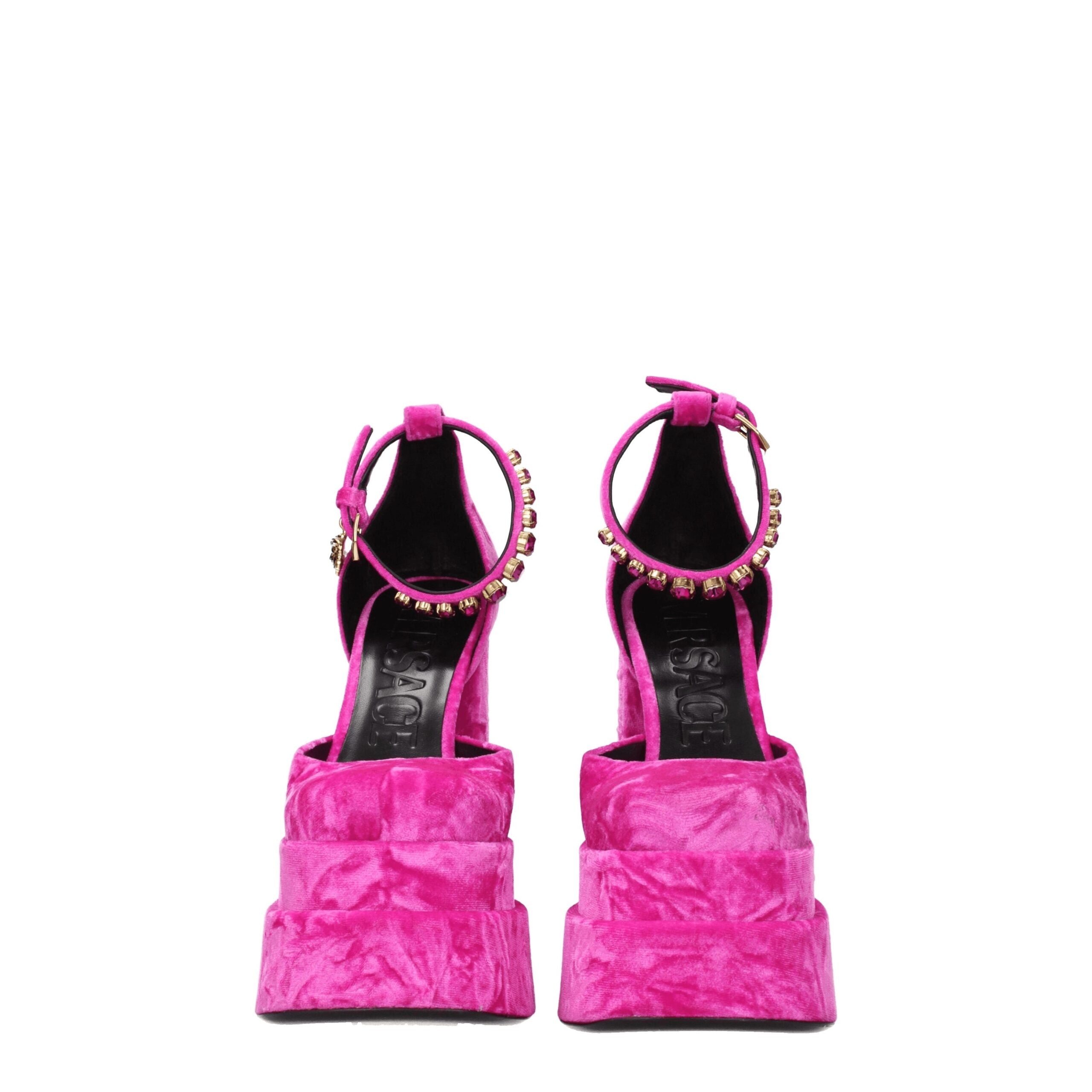 Fuchsia Velvet Leather Platform Sandals with Rhinestones