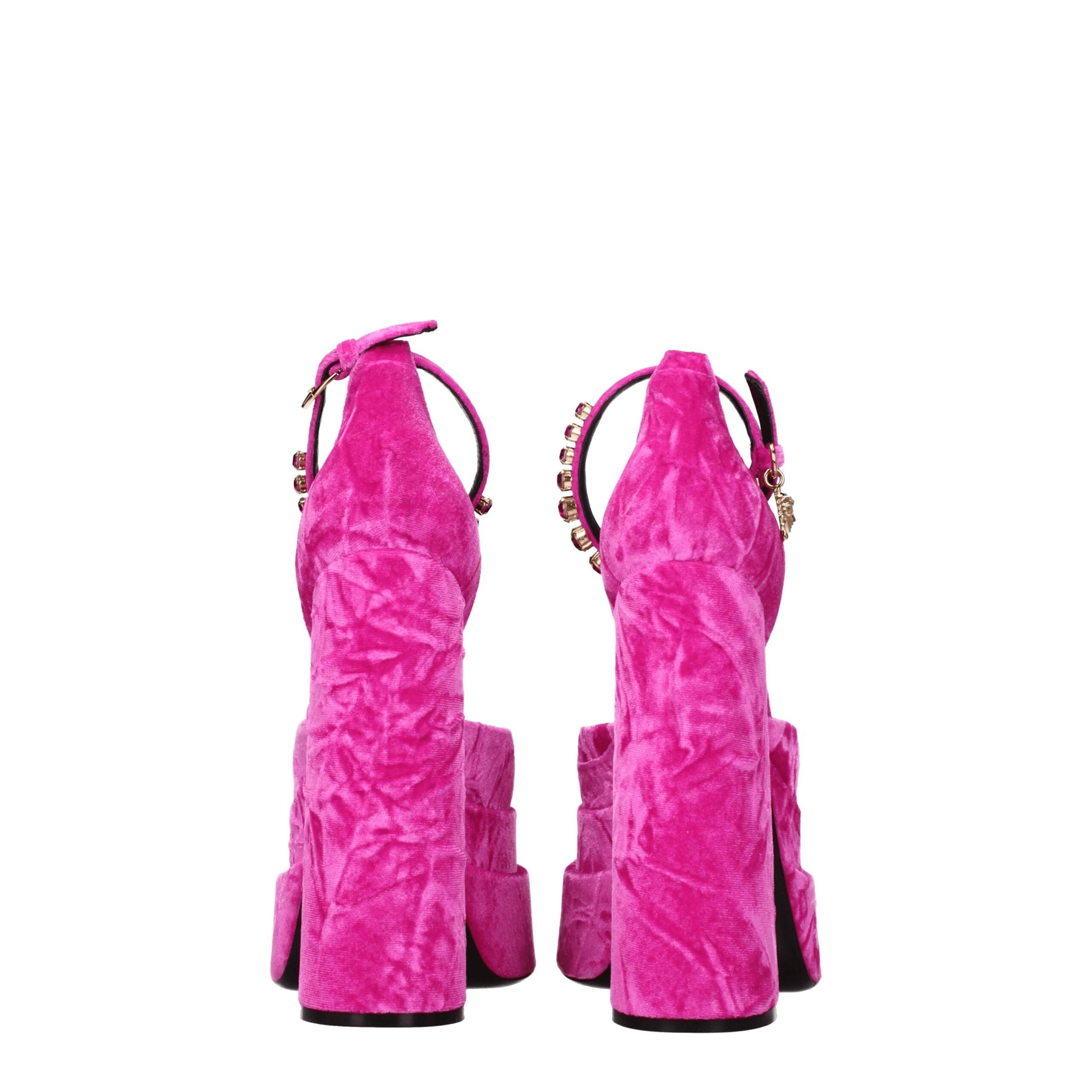 Fuchsia Velvet Leather Platform Sandals with Rhinestones