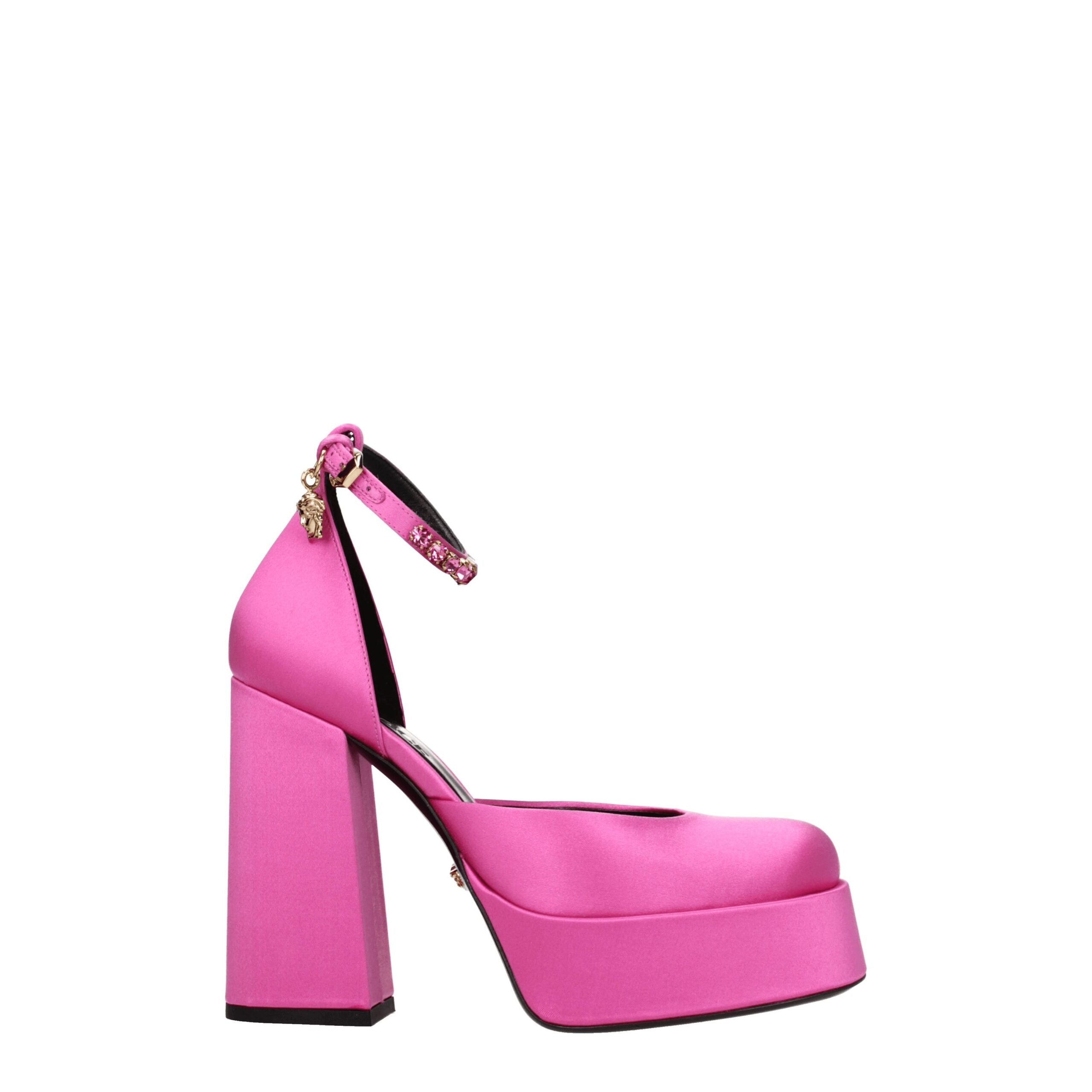Pink Satin Platform PumpsDescription: The product with MPN 1007718DRA671PK4V and code F76587 satin in pink is a sandals designed by Versace. It has features like side detail, rhinestone. Additional Info: Color details: Gold Style: Stylish Closing type: Bu