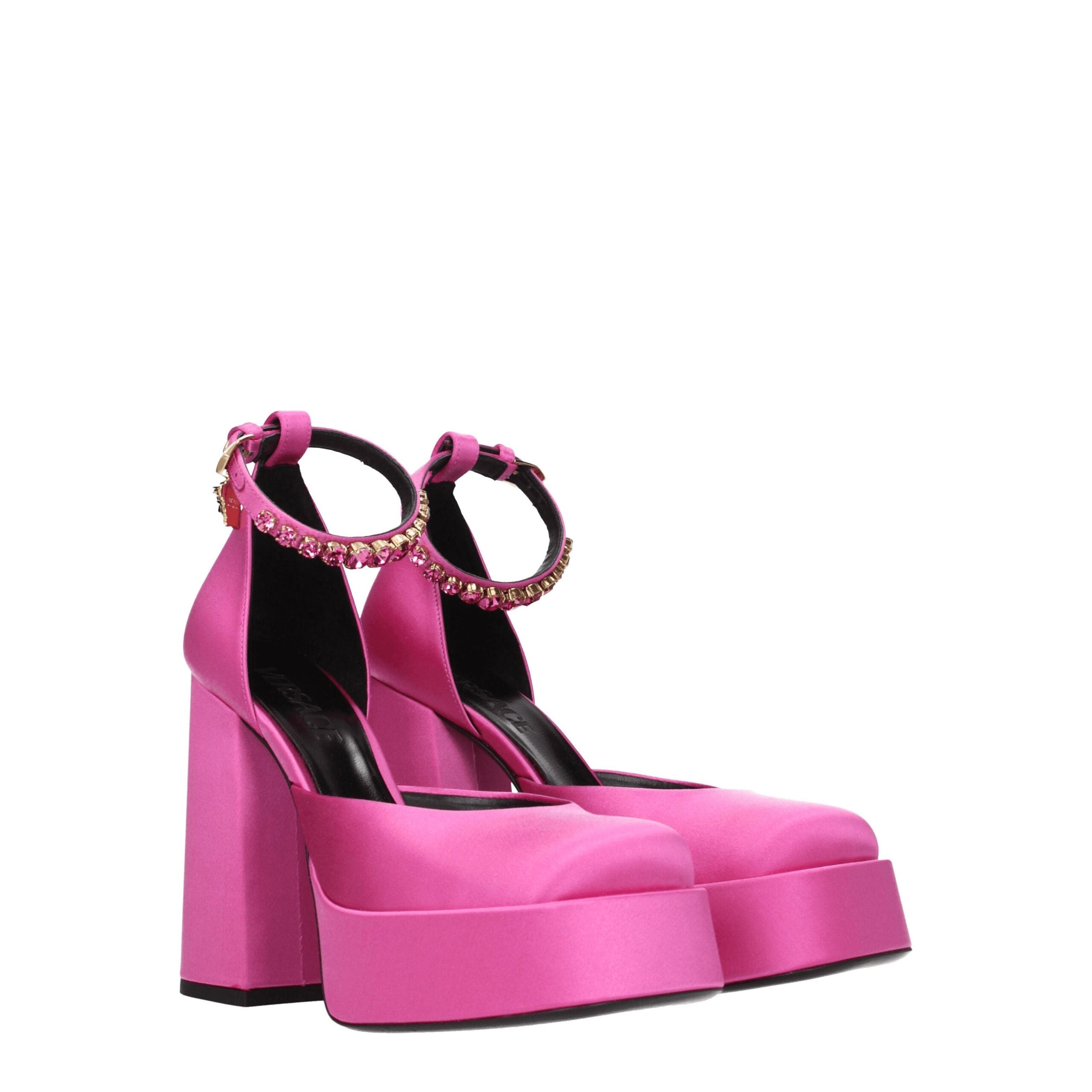 Pink Satin Leather Platform Pumps with Rhinestone Detail