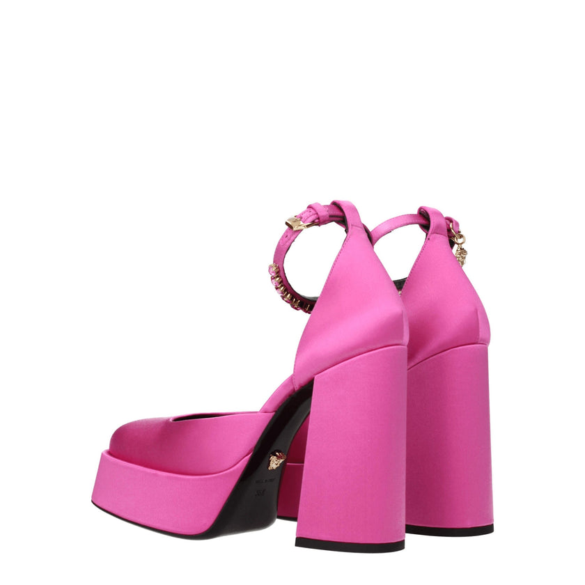 Pink Satin Platform PumpsDescription: The product with MPN 1007718DRA671PK4V and code F76587 satin in pink is a sandals designed by Versace. It has features like side detail, rhinestone. Additional Info: Color details: Gold Style: Stylish Closing type: Bu