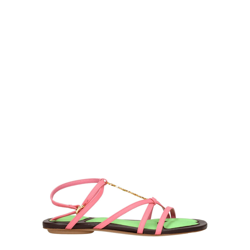 Pink Leather Flat SandalsDescription: The product with MPN 231FO0563073430 and code F76750 leather in pink is a sandals designed by Jacquemus. It has features like front logo. Additional Info: Color details: Gold Style: Casual Closing type: Buckle Closure