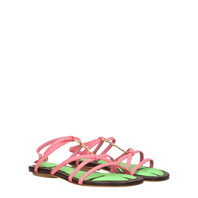 Pink Leather Flat SandalsDescription: The product with MPN 231FO0563073430 and code F76750 leather in pink is a sandals designed by Jacquemus. It has features like front logo. Additional Info: Color details: Gold Style: Casual Closing type: Buckle Closure