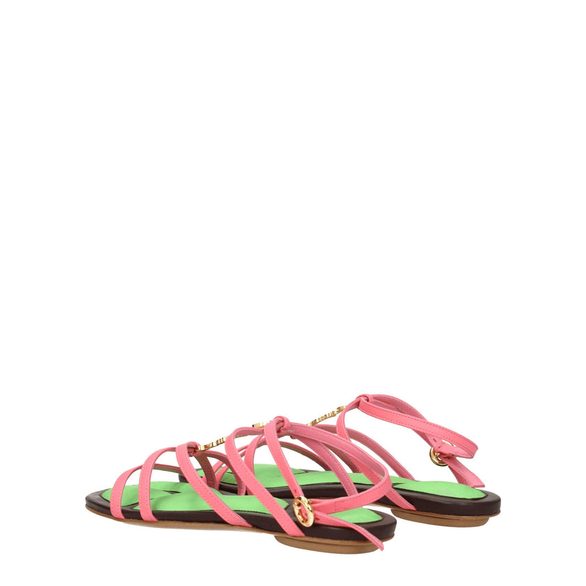 Pink Leather Flat SandalsDescription: The product with MPN 231FO0563073430 and code F76750 leather in pink is a sandals designed by Jacquemus. It has features like front logo. Additional Info: Color details: Gold Style: Casual Closing type: Buckle Closure