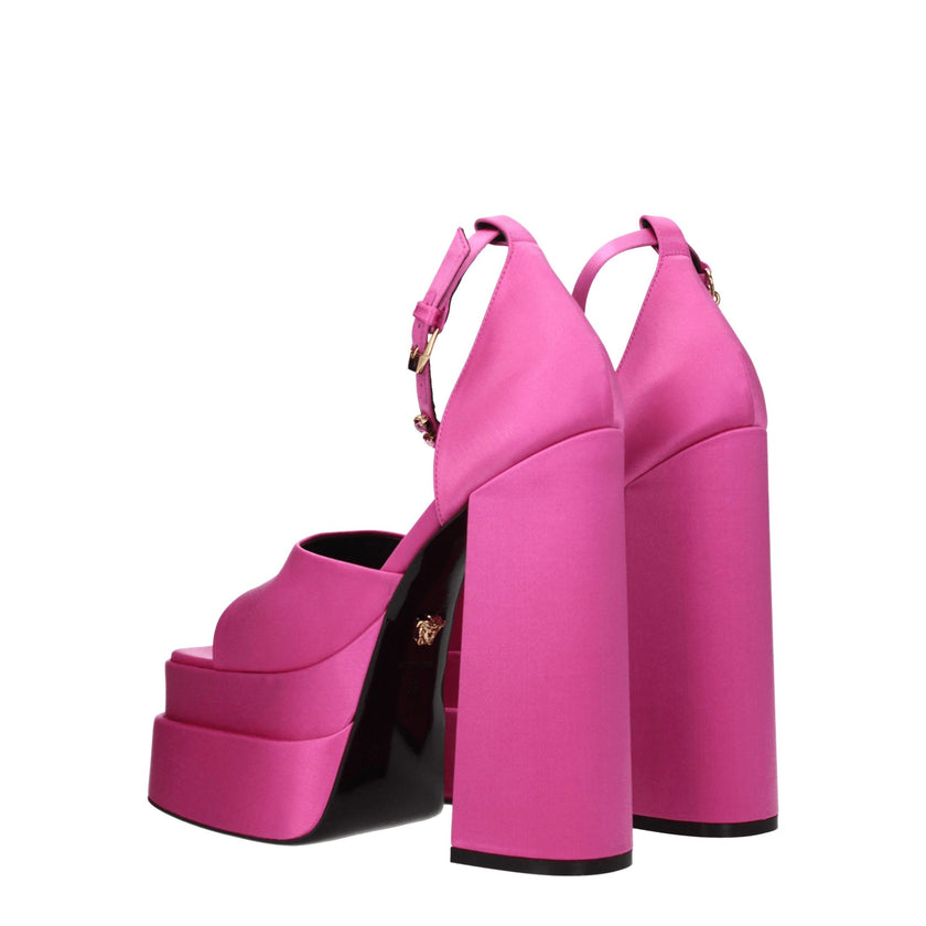 Pink Satin Platform SandalsDescription: The product with MPN 1007717DRA671PK4V and code F76783 satin in fuchsia is a sandals designed by Versace. It has features like side detail, rhinestone. Additional Info: Style: Casual Closing type: Buckle Closure Mat