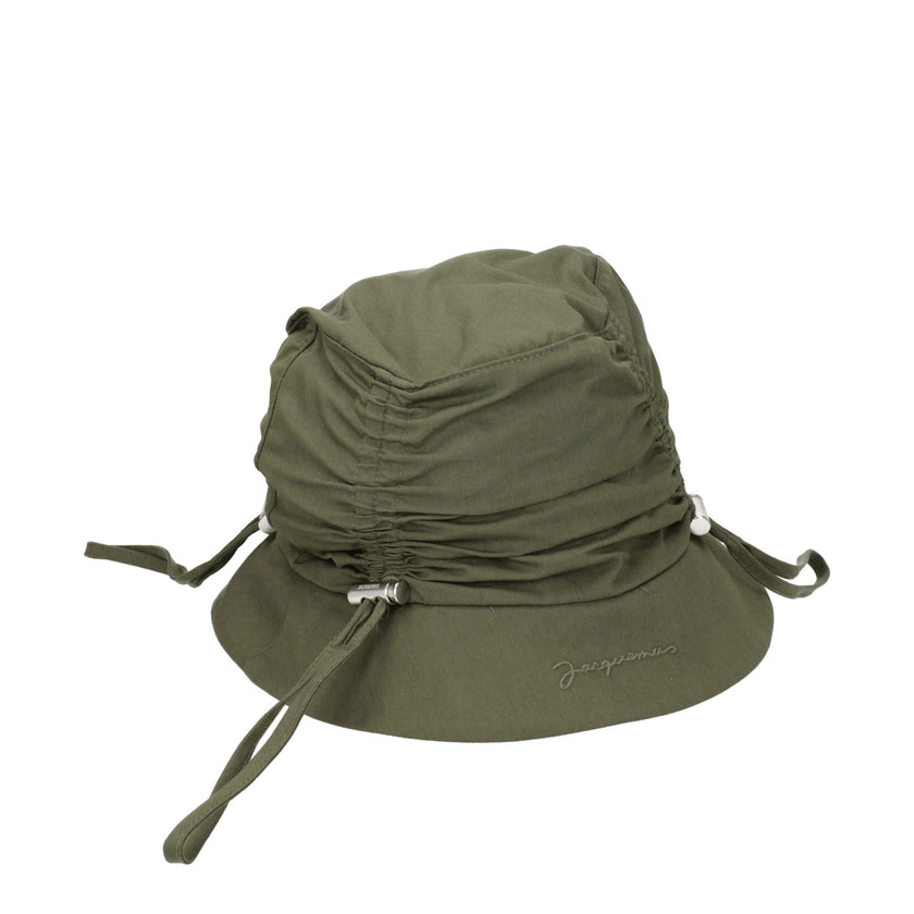 Green Cotton Bucket HatDescription: The product with MPN 235AC4705047560 and code F76828 cotton in green is a hats designed by Jacquemus. It has features like front logo. Additional Info: Color details: Silver Style: Casual Materials: Cotton Composition: