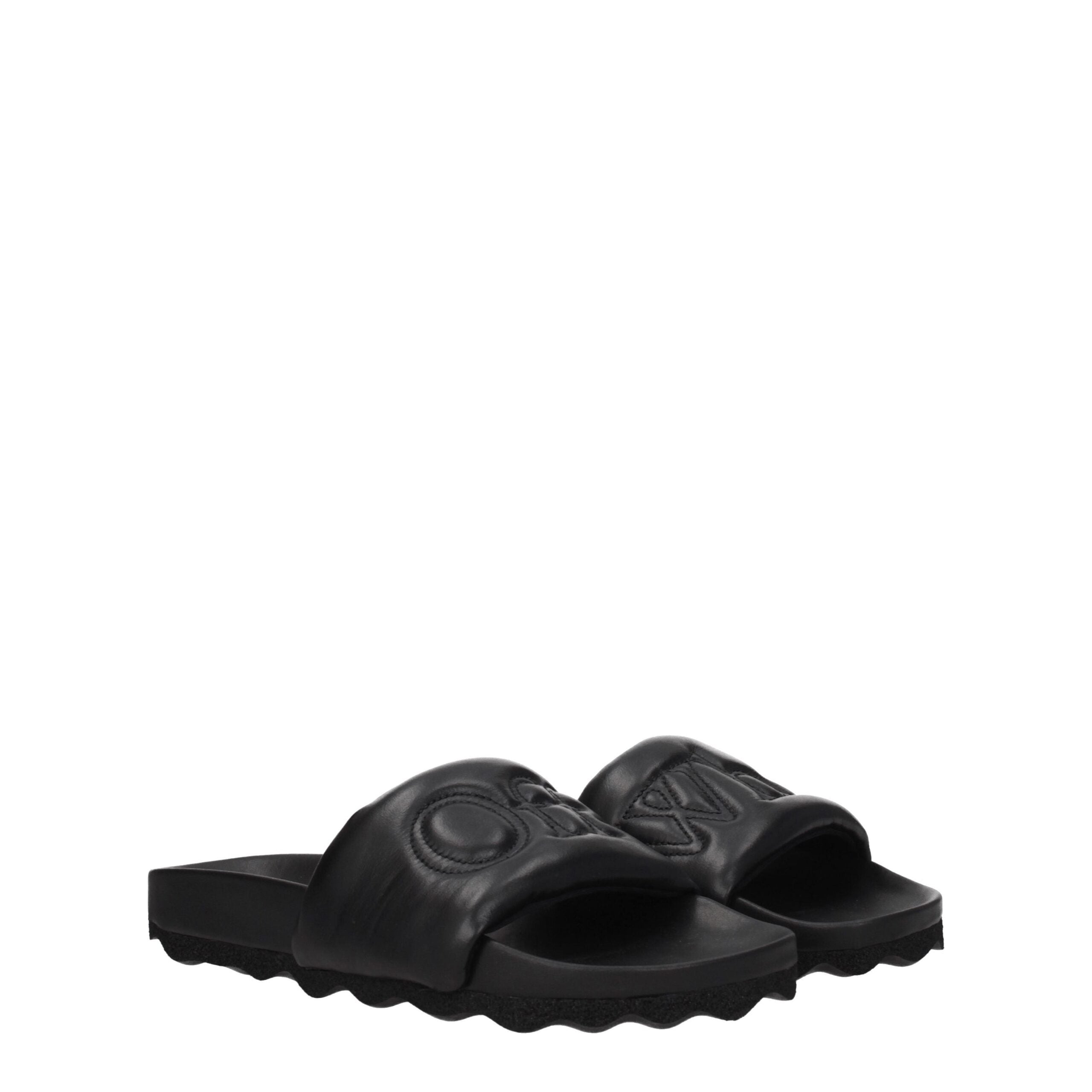 Black Leather SlippersDescription: The product with MPN OMIT001LEA0011010 and code F77104 leather in black is a slippers and clogs designed by Off-White. It has features like front logo. Additional Info: Style: Casual Materials: Leather Shoe sole: Rubber