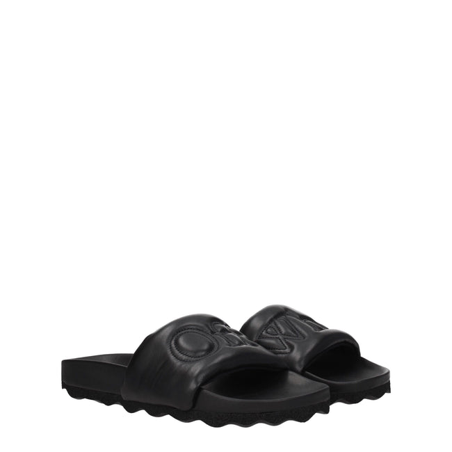 Black Leather SlippersDescription: The product with MPN OMIT001LEA0011010 and code F77104 leather in black is a slippers and clogs designed by Off-White. It has features like front logo. Additional Info: Style: Casual Materials: Leather Shoe sole: Rubber