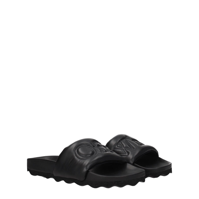Black Leather SlippersDescription: The product with MPN OMIT001LEA0011010 and code F77104 leather in black is a slippers and clogs designed by Off-White. It has features like front logo. Additional Info: Style: Casual Materials: Leather Shoe sole: Rubber