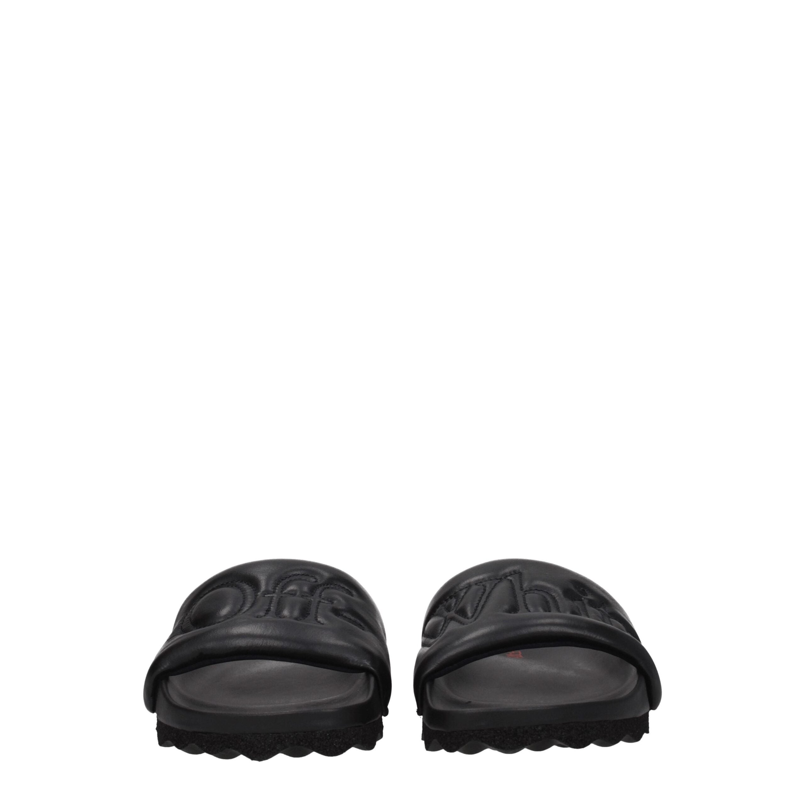 Black Leather SlippersDescription: The product with MPN OMIT001LEA0011010 and code F77104 leather in black is a slippers and clogs designed by Off-White. It has features like front logo. Additional Info: Style: Casual Materials: Leather Shoe sole: Rubber