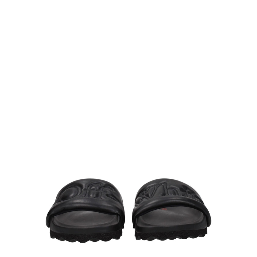 Black Leather SlippersDescription: The product with MPN OMIT001LEA0011010 and code F77104 leather in black is a slippers and clogs designed by Off-White. It has features like front logo. Additional Info: Style: Casual Materials: Leather Shoe sole: Rubber