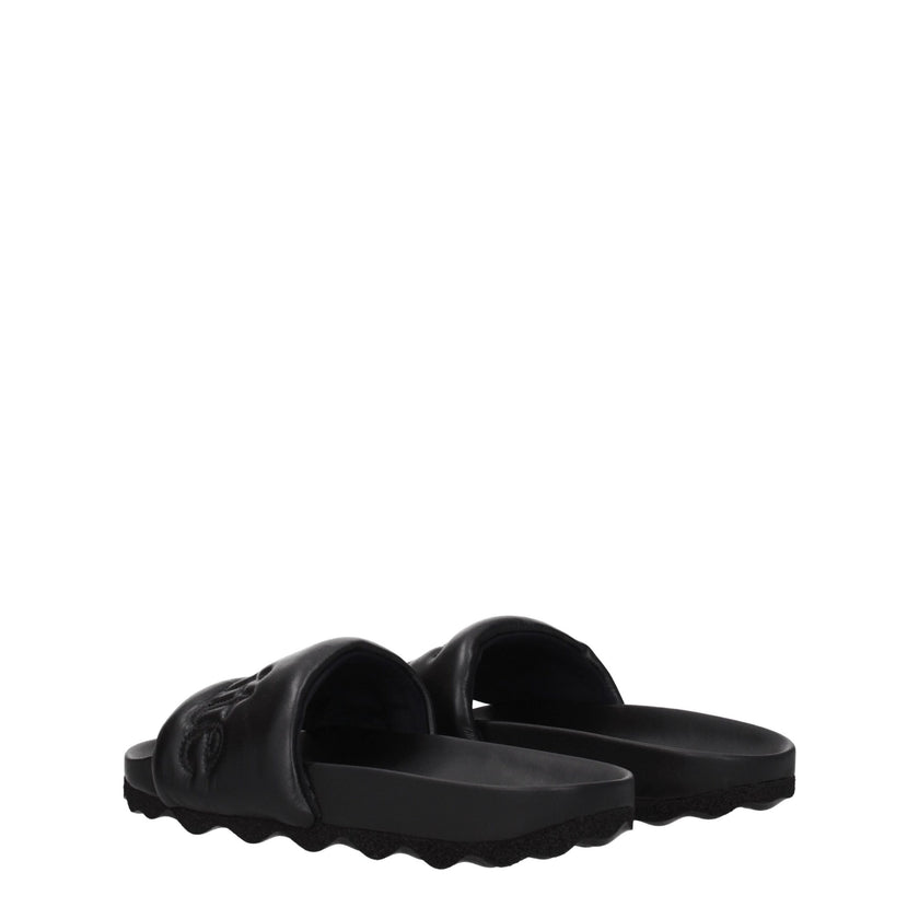 Black Leather SlippersDescription: The product with MPN OMIT001LEA0011010 and code F77104 leather in black is a slippers and clogs designed by Off-White. It has features like front logo. Additional Info: Style: Casual Materials: Leather Shoe sole: Rubber