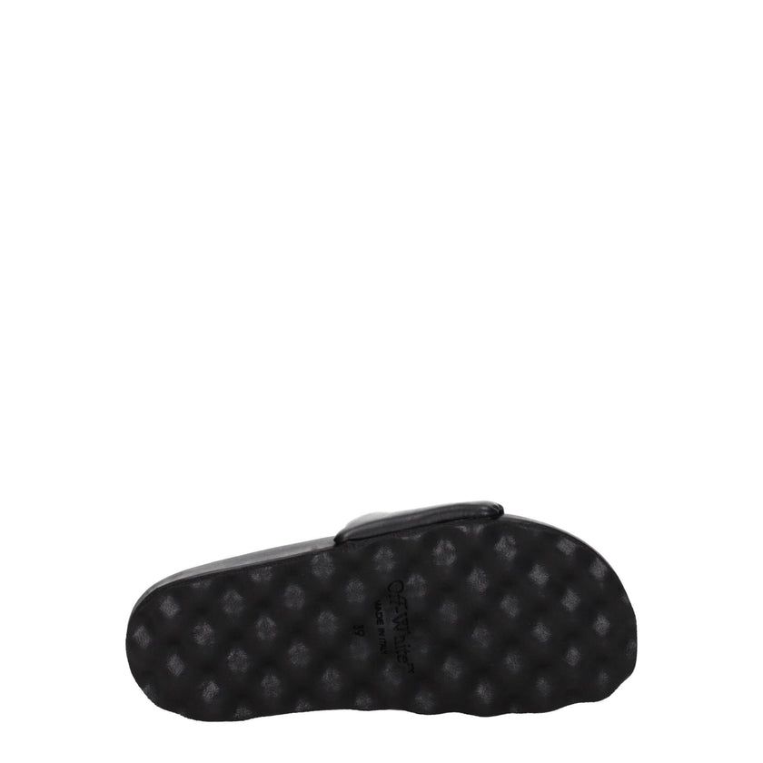 Black Leather SlippersDescription: The product with MPN OMIT001LEA0011010 and code F77104 leather in black is a slippers and clogs designed by Off-White. It has features like front logo. Additional Info: Style: Casual Materials: Leather Shoe sole: Rubber