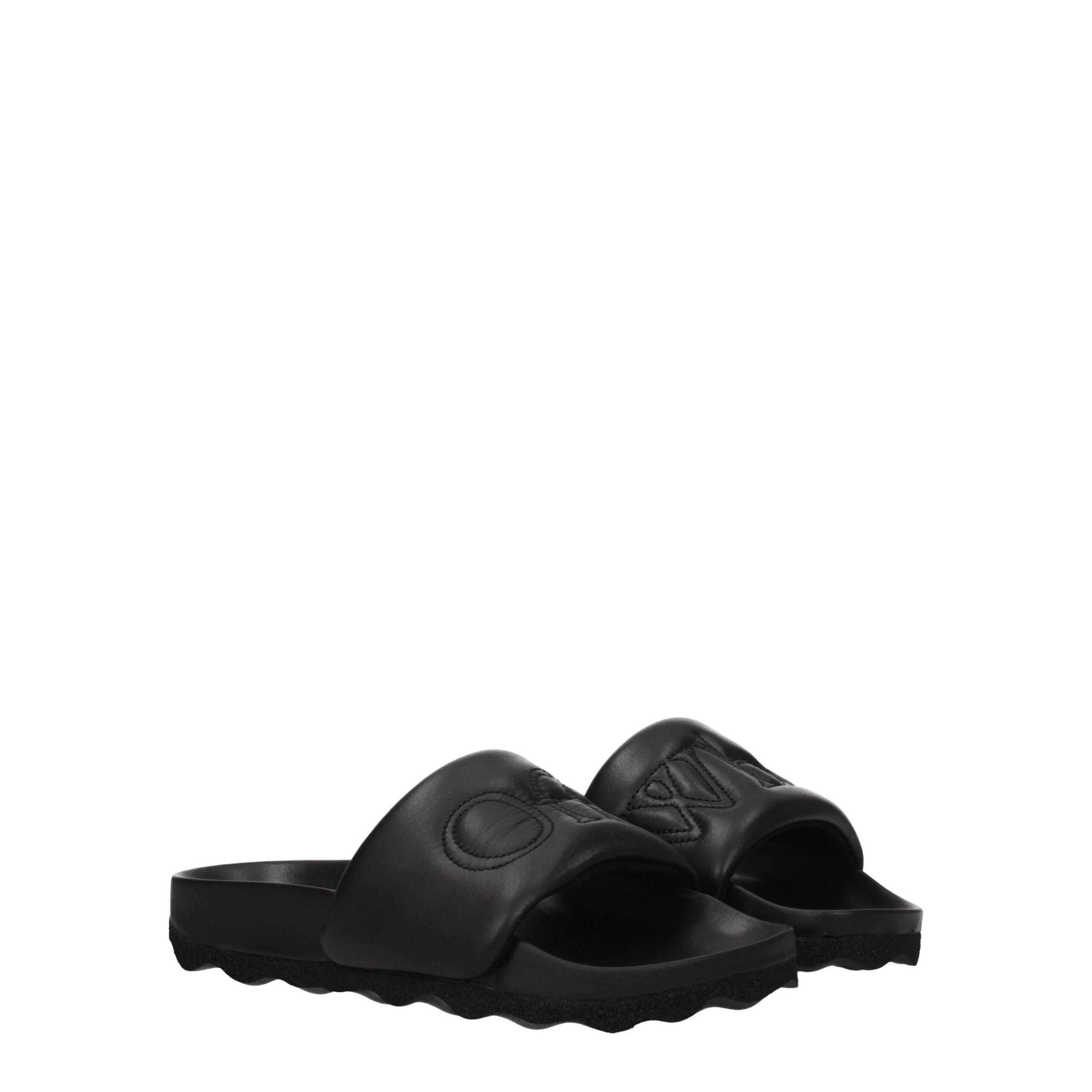 Black Leather SlippersDescription: The product with MPN OWIT001LEA0011010 and code F77847 leather in black is a slippers and clogs designed by Off-White. It has features like front logo. Additional Info: Style: Casual Materials: Leather Shoe sole: Rubber