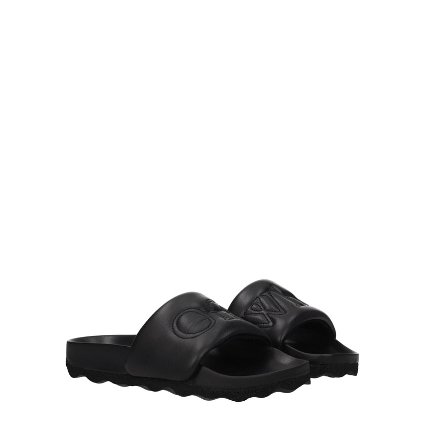 Black Leather SlippersDescription: The product with MPN OWIT001LEA0011010 and code F77847 leather in black is a slippers and clogs designed by Off-White. It has features like front logo. Additional Info: Style: Casual Materials: Leather Shoe sole: Rubber