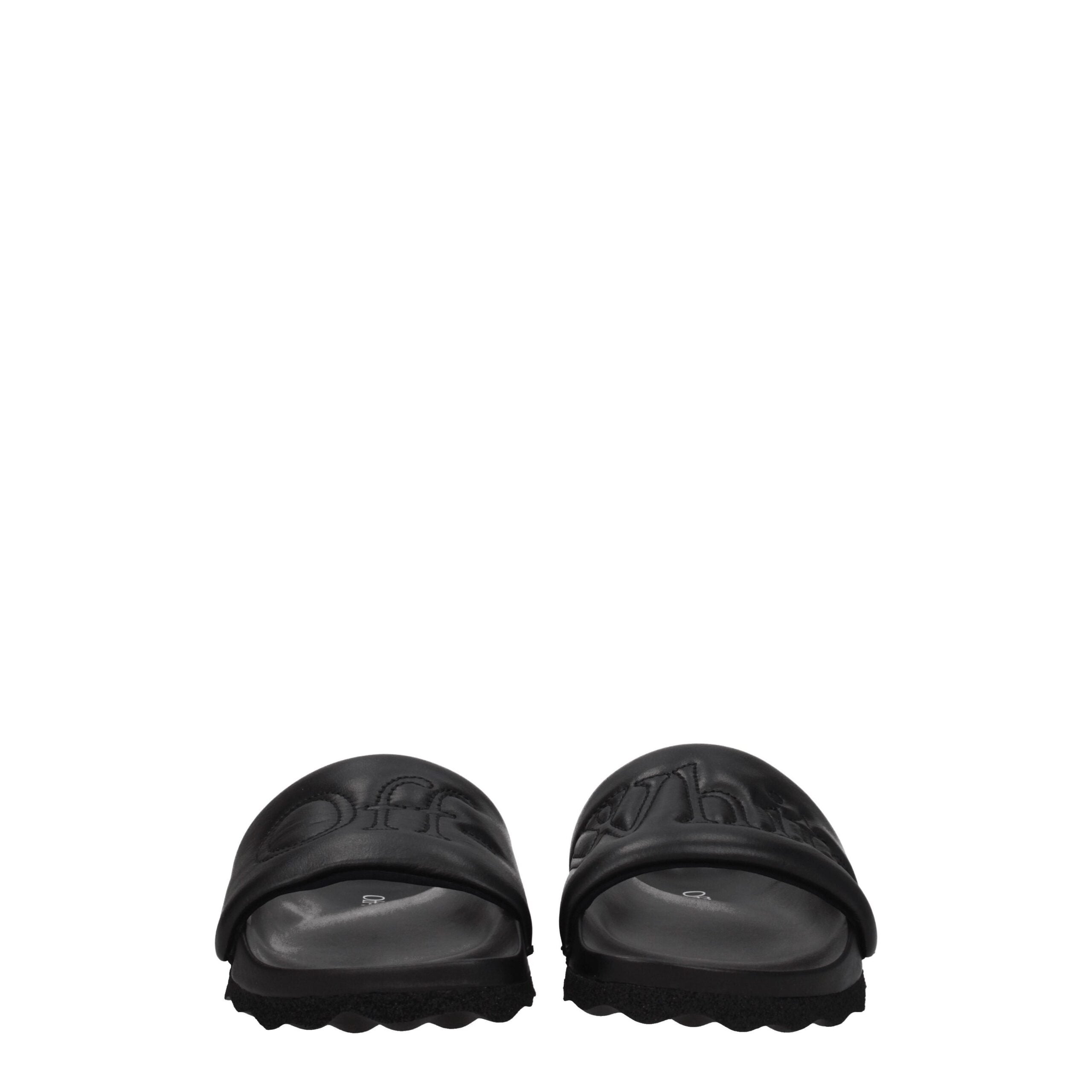 Black Leather SlippersDescription: The product with MPN OWIT001LEA0011010 and code F77847 leather in black is a slippers and clogs designed by Off-White. It has features like front logo. Additional Info: Style: Casual Materials: Leather Shoe sole: Rubber