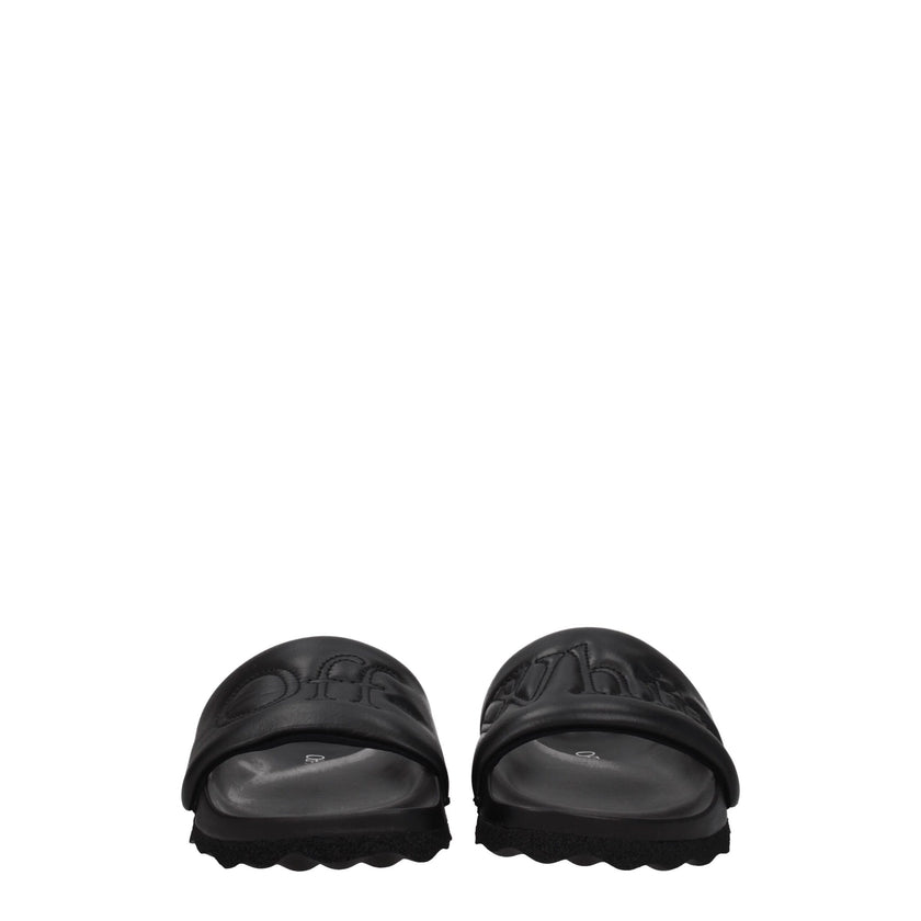 Black Leather SlippersDescription: The product with MPN OWIT001LEA0011010 and code F77847 leather in black is a slippers and clogs designed by Off-White. It has features like front logo. Additional Info: Style: Casual Materials: Leather Shoe sole: Rubber