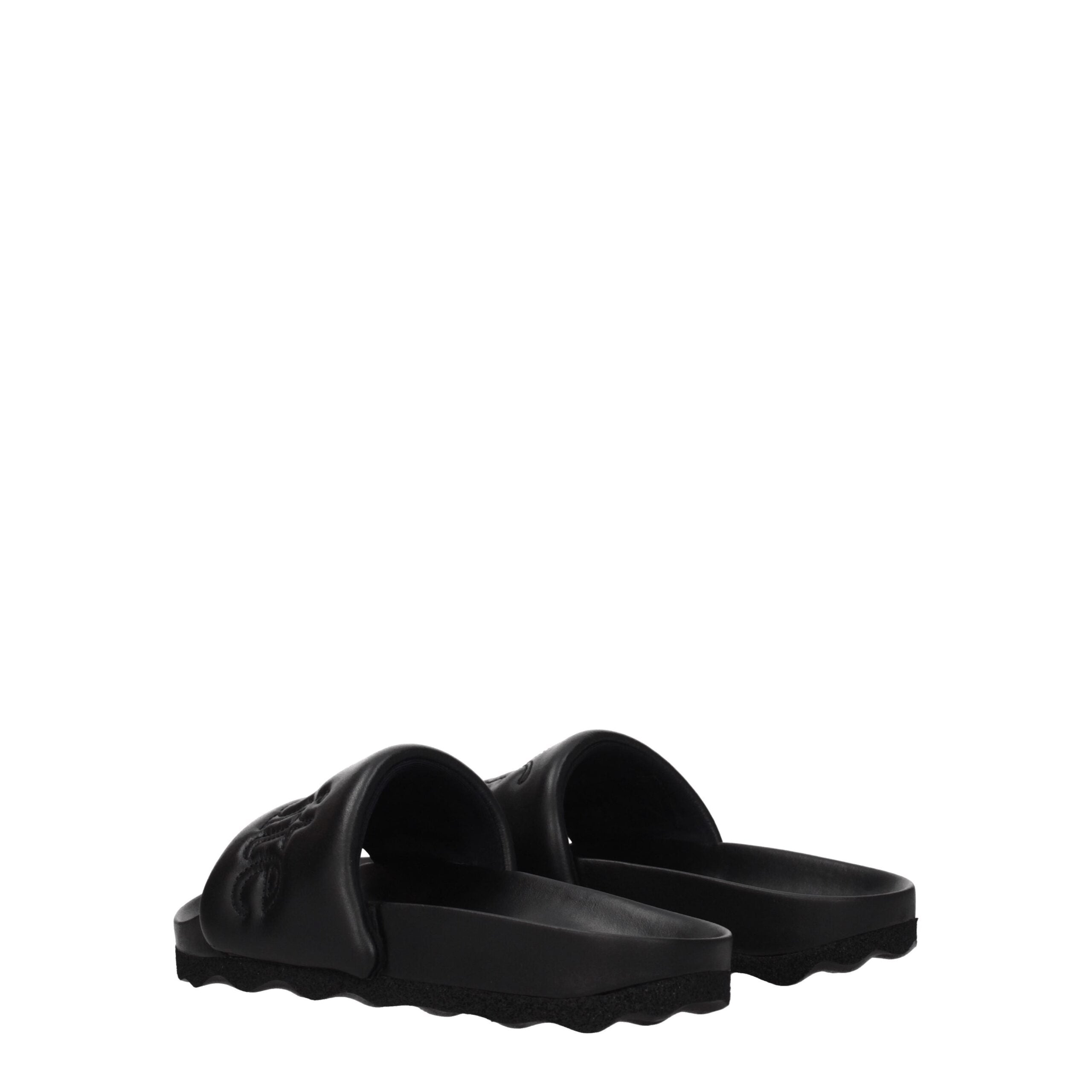 Black Leather SlippersDescription: The product with MPN OWIT001LEA0011010 and code F77847 leather in black is a slippers and clogs designed by Off-White. It has features like front logo. Additional Info: Style: Casual Materials: Leather Shoe sole: Rubber