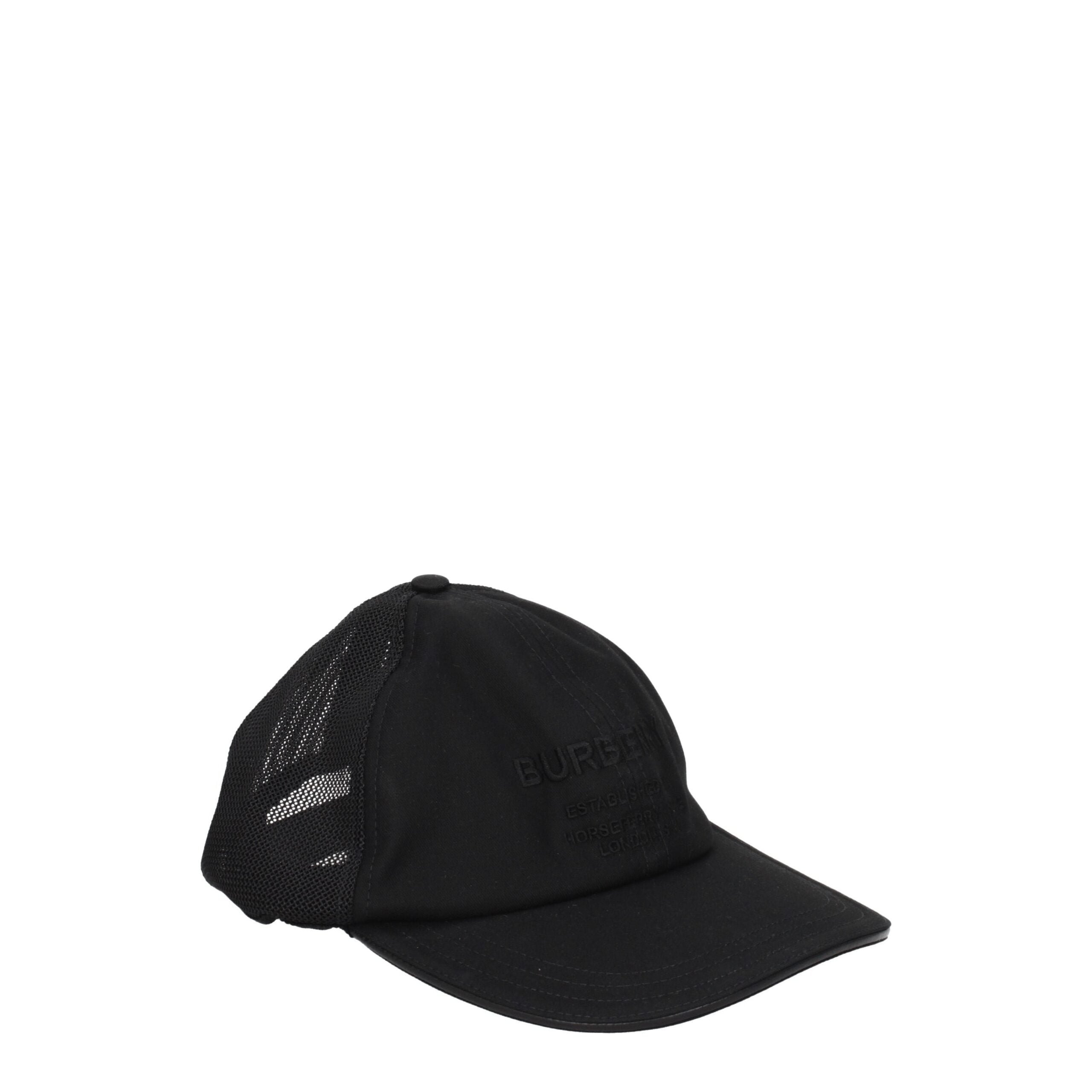 Black Cotton Cap (Baseball Hat)Description: The product with MPN 8066669 and code F77987 cotton in black is a hats designed by Burberry. It has features like front logo. Additional Info: Style: Street Closing type: Button Closure Materials: Cotton MPN: 80