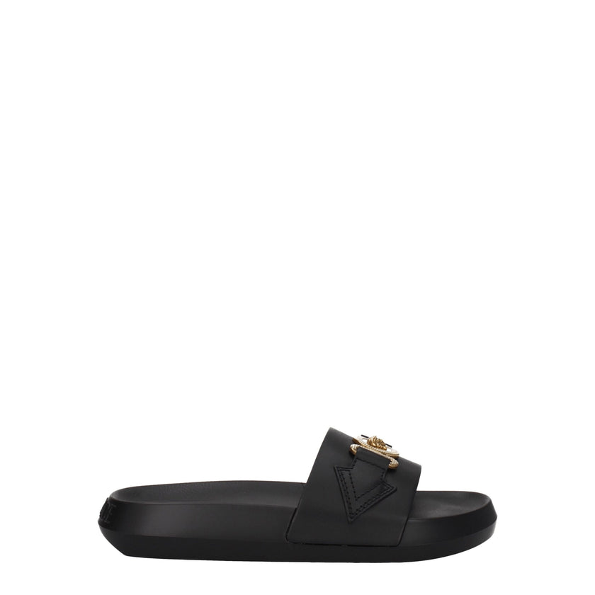 Black Leather SlippersDescription: The product with MPN 1011304DV46G1B00V and code F78143 leather in black is a slippers and clogs designed by Versace. It has features like front detail, back logo. Additional Info: Color details: Gold Style: Casual Materi