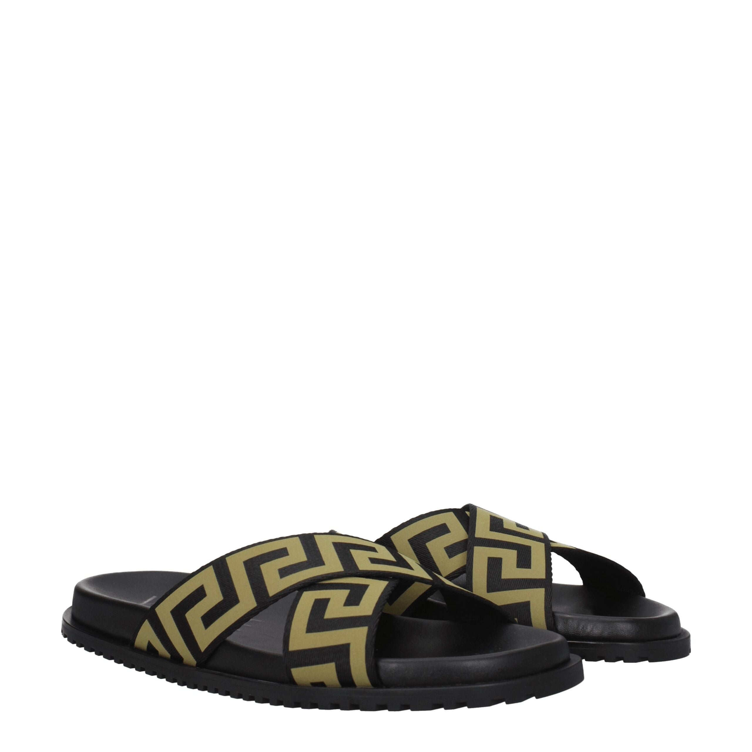Black Fabric SlippersDescription: The product with MPN 10083181A059582B150 and code F76789 fabric in black is a slippers and clogs designed by Versace. Additional Info: Style: Casual Materials: Fabric Shoe sole: Rubber Shoe tip: Open toe Heel type: Low an