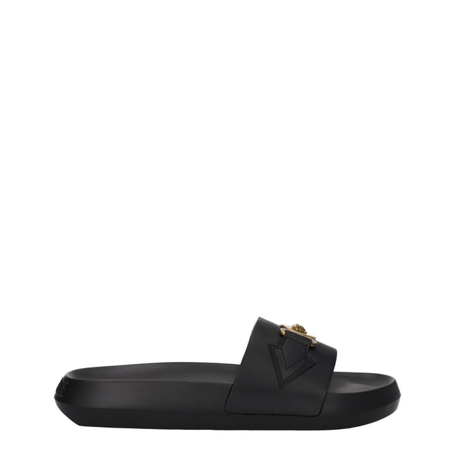 Black Leather SlippersDescription: The product with MPN 1010628DV46G1B00V and code F78140 leather in black is a slippers and clogs designed by Versace. It has features like back logo. Additional Info: Color details: Gold Style: Casual Materials: Leather S