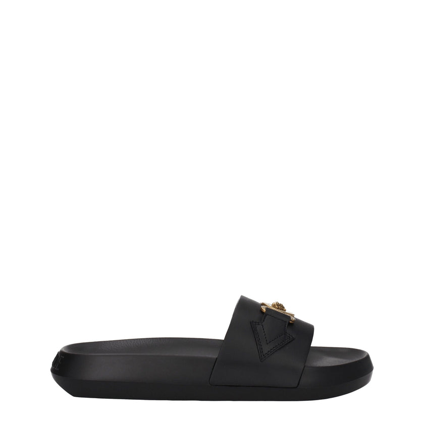 Black Leather SlippersDescription: The product with MPN 1010628DV46G1B00V and code F78140 leather in black is a slippers and clogs designed by Versace. It has features like back logo. Additional Info: Color details: Gold Style: Casual Materials: Leather S