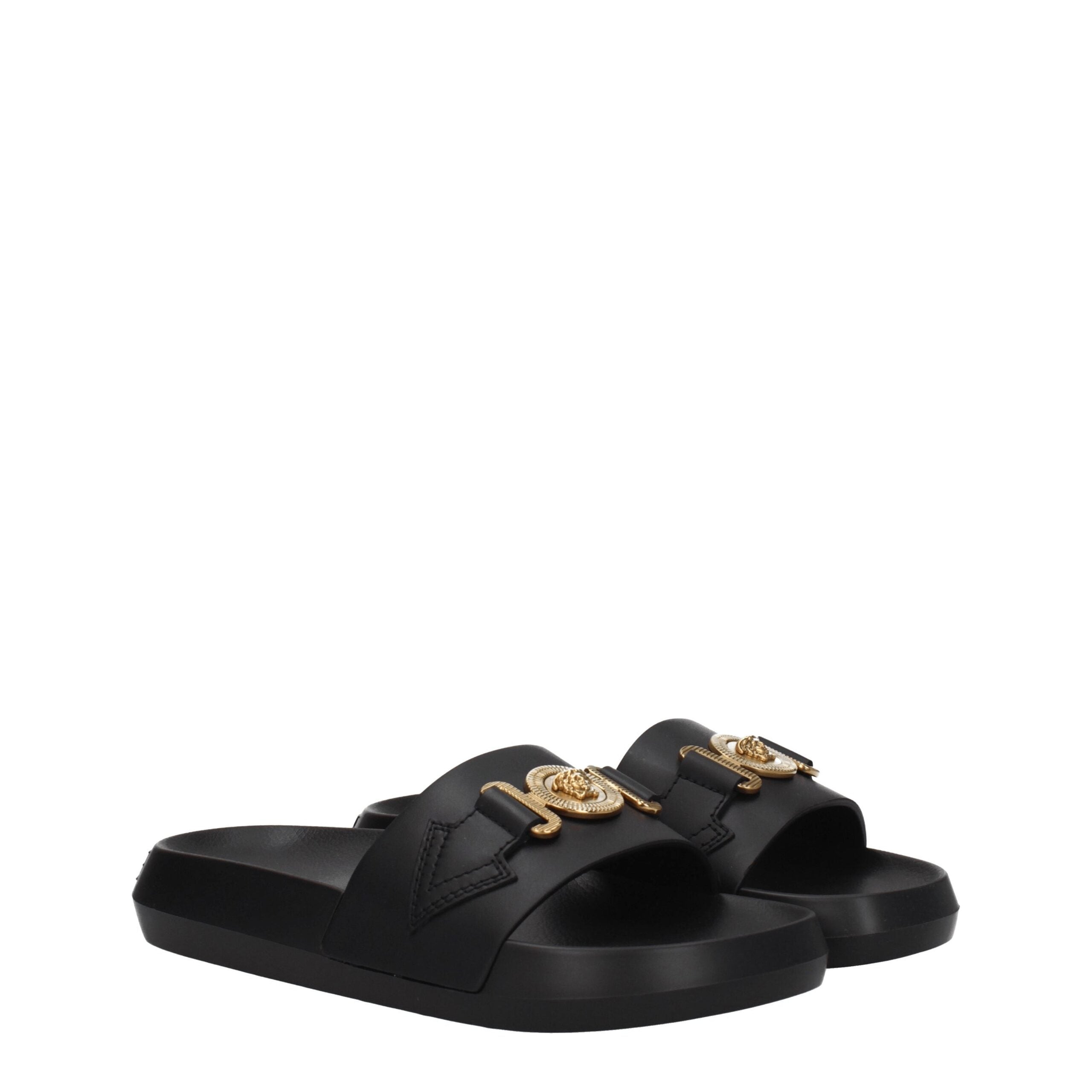 Black Leather SlippersDescription: The product with MPN 1011304DV46G1B00V and code F78143 leather in black is a slippers and clogs designed by Versace. It has features like front detail, back logo. Additional Info: Color details: Gold Style: Casual Materi