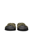 Black Fabric SlippersDescription: The product with MPN 10083181A059582B150 and code F76789 fabric in black is a slippers and clogs designed by Versace. Additional Info: Style: Casual Materials: Fabric Shoe sole: Rubber Shoe tip: Open toe Heel type: Low an