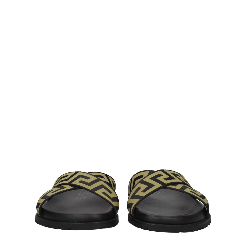 Black Fabric SlippersDescription: The product with MPN 10083181A059582B150 and code F76789 fabric in black is a slippers and clogs designed by Versace. Additional Info: Style: Casual Materials: Fabric Shoe sole: Rubber Shoe tip: Open toe Heel type: Low an