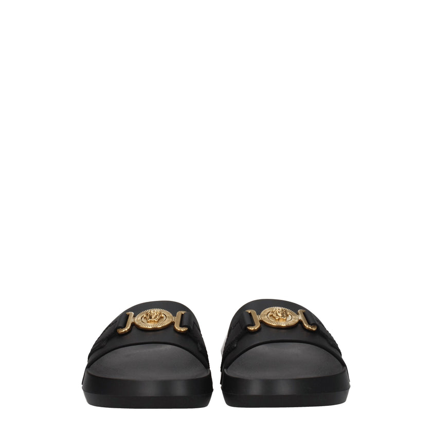 Black Leather SlippersDescription: The product with MPN 1011304DV46G1B00V and code F78143 leather in black is a slippers and clogs designed by Versace. It has features like front detail, back logo. Additional Info: Color details: Gold Style: Casual Materi