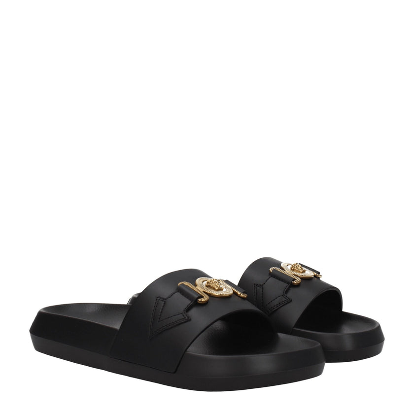 Black Leather SlippersDescription: The product with MPN 1010628DV46G1B00V and code F78140 leather in black is a slippers and clogs designed by Versace. It has features like back logo. Additional Info: Color details: Gold Style: Casual Materials: Leather S