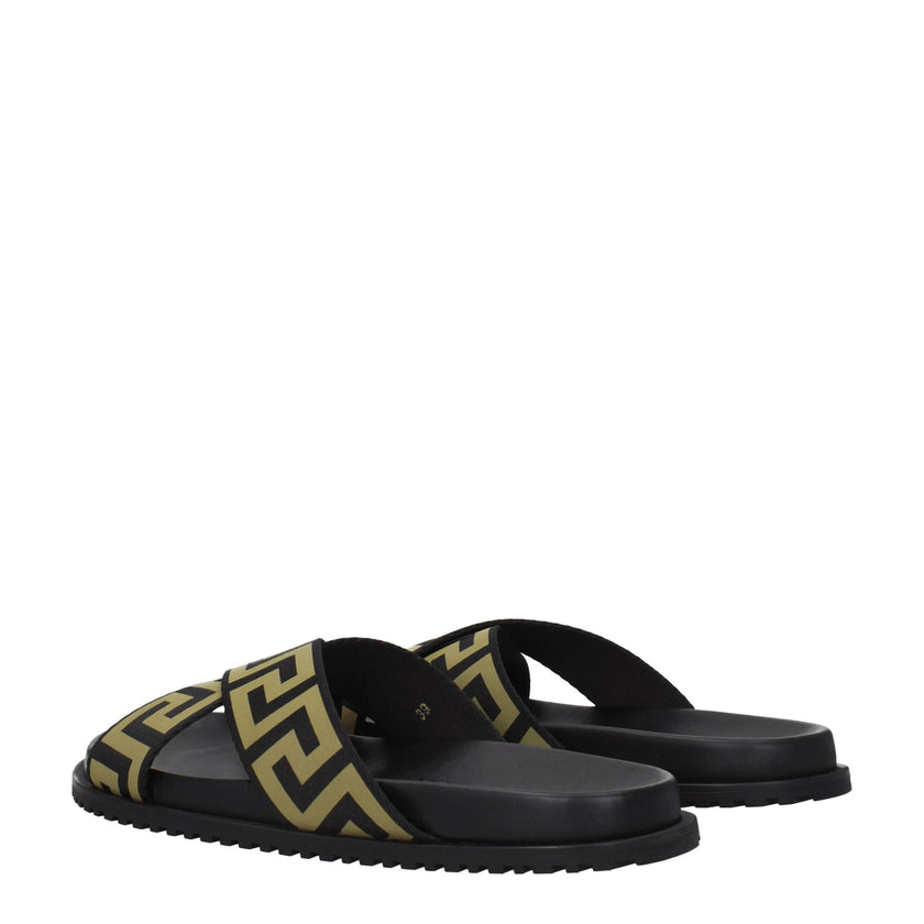 Black Fabric SlippersDescription: The product with MPN 10083181A059582B150 and code F76789 fabric in black is a slippers and clogs designed by Versace. Additional Info: Style: Casual Materials: Fabric Shoe sole: Rubber Shoe tip: Open toe Heel type: Low an