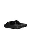 Black Leather SlippersDescription: The product with MPN 1011304DV46G1B00V and code F78143 leather in black is a slippers and clogs designed by Versace. It has features like front detail, back logo. Additional Info: Color details: Gold Style: Casual Materi