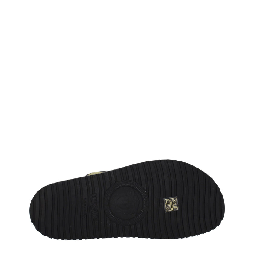 Black Fabric SlippersDescription: The product with MPN 10083181A059582B150 and code F76789 fabric in black is a slippers and clogs designed by Versace. Additional Info: Style: Casual Materials: Fabric Shoe sole: Rubber Shoe tip: Open toe Heel type: Low an