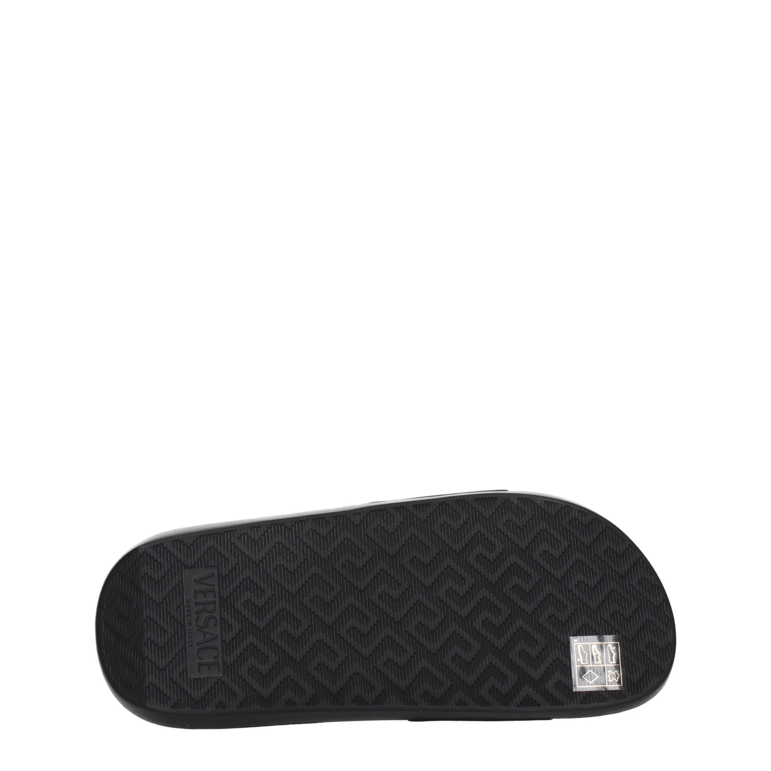 Black Leather Slippers with Gold Logo Detail