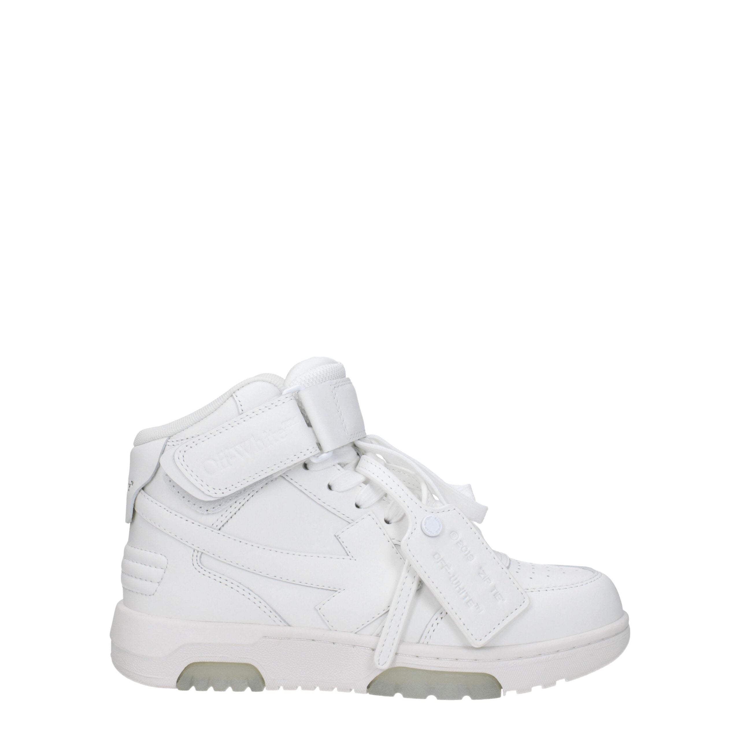 White Leather High Top SneakersDescription: The product with MPN OWIA275LEA0020101 and code F78671 leather in white is a sneakers designed by Off-White. It has features like side detail, removable detail, front logo, side logo, back logo. Additional Info: