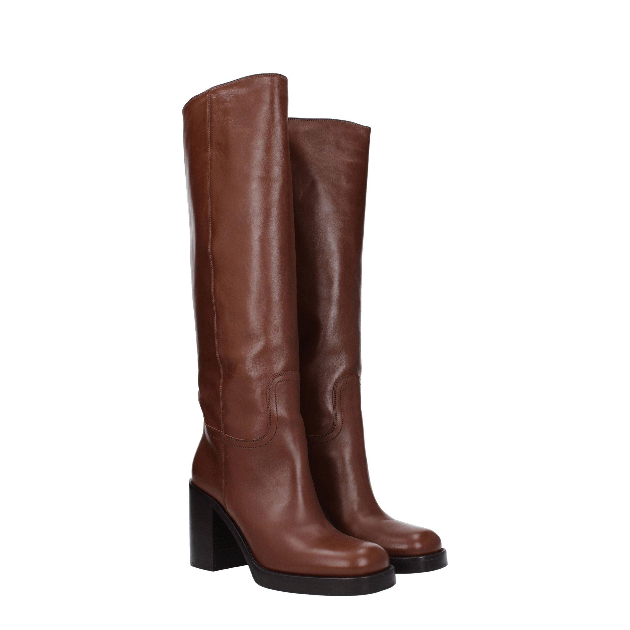 Brown Leather High Heel BootsDescription: The product with MPN 1W281N070090F0046 and code F78782 leather in brown is a boots designed by Prada. Additional Info: Style: Casual Materials: Leather Shoe sole: Leather Heel height: 9 cm Shoe tip: Round toe Heel