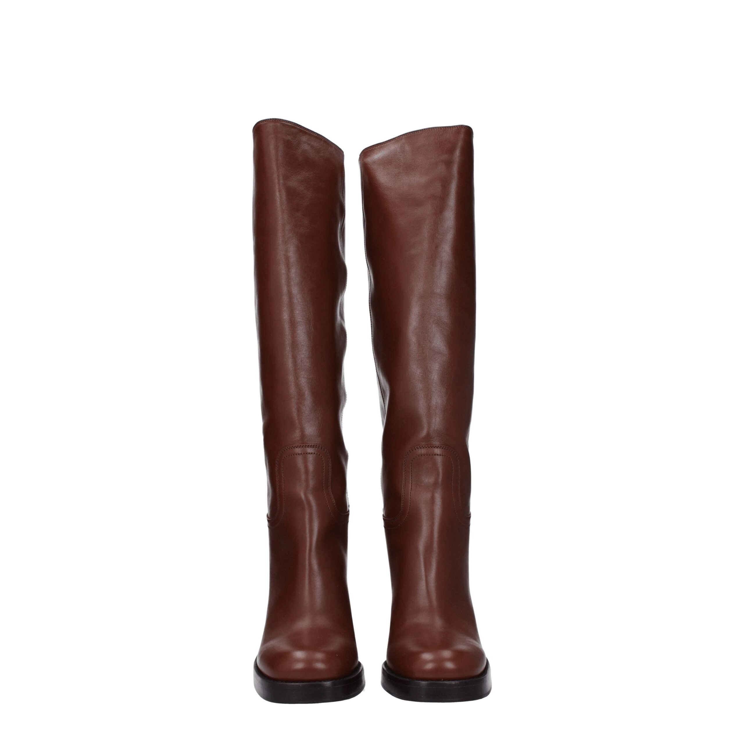 Brown Leather High Heel BootsDescription: The product with MPN 1W281N070090F0046 and code F78782 leather in brown is a boots designed by Prada. Additional Info: Style: Casual Materials: Leather Shoe sole: Leather Heel height: 9 cm Shoe tip: Round toe Heel