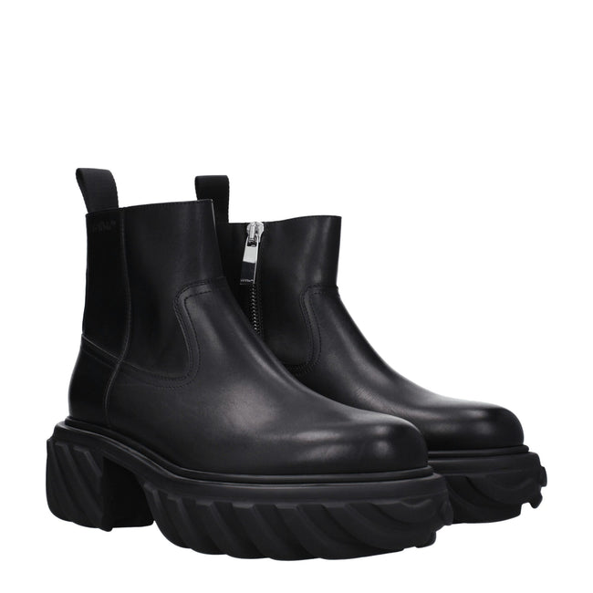 Black Leather Ankle BootsDescription: The product with MPN OMID029LEA0011010 and code F79083 leather in black is a ankle boots designed by Off-White. It has features like side logo. Additional Info: Style: Casual Closing type: Zip Closure Materials: Leath