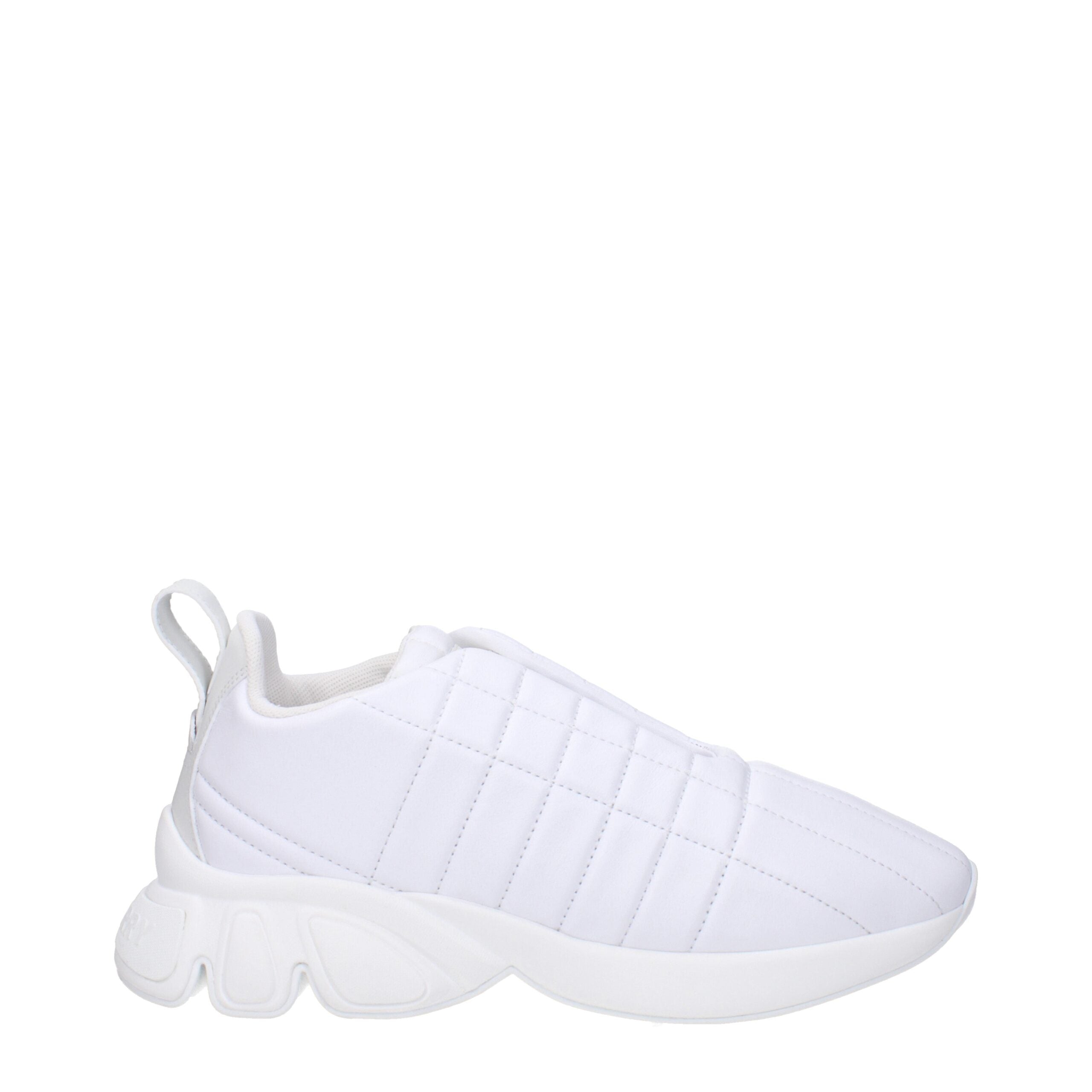 White Leather SneakersDescription: The product with MPN 8056654 and code F79878 leather in white is a sneakers designed by Burberry. It has features like front logo, back logo. Additional Info: Style: Casual Closing type: Lace up Closure Materials: Leathe