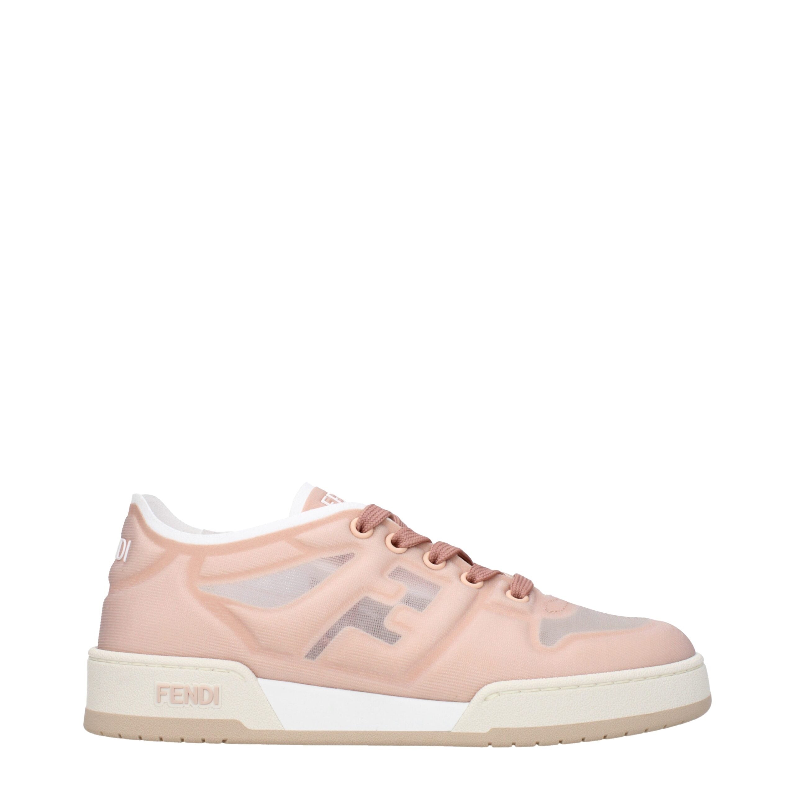 Pink Fibres SneakersDescription: The product with MPN 8E8415AN7KF1KO7 and code F79877 net in pink is a sneakers designed by Fendi. It has features like front logo, side logo, back logo. Additional Info: Style: Casual Closing type: Lace up Closure Material