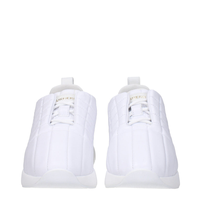 White Leather SneakersDescription: The product with MPN 8056654 and code F79878 leather in white is a sneakers designed by Burberry. It has features like front logo, back logo. Additional Info: Style: Casual Closing type: Lace up Closure Materials: Leathe