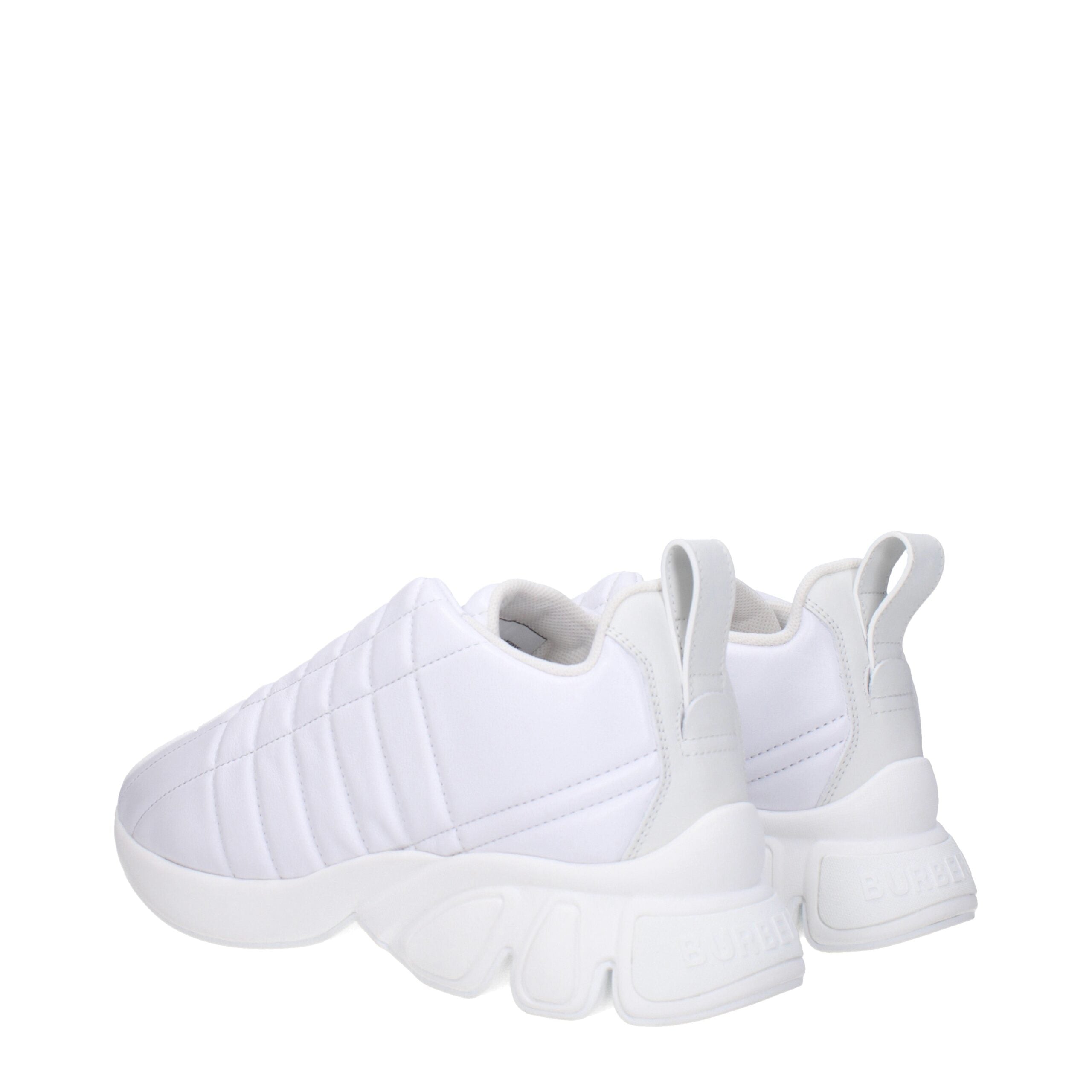 White Leather SneakersDescription: The product with MPN 8056654 and code F79878 leather in white is a sneakers designed by Burberry. It has features like front logo, back logo. Additional Info: Style: Casual Closing type: Lace up Closure Materials: Leathe
