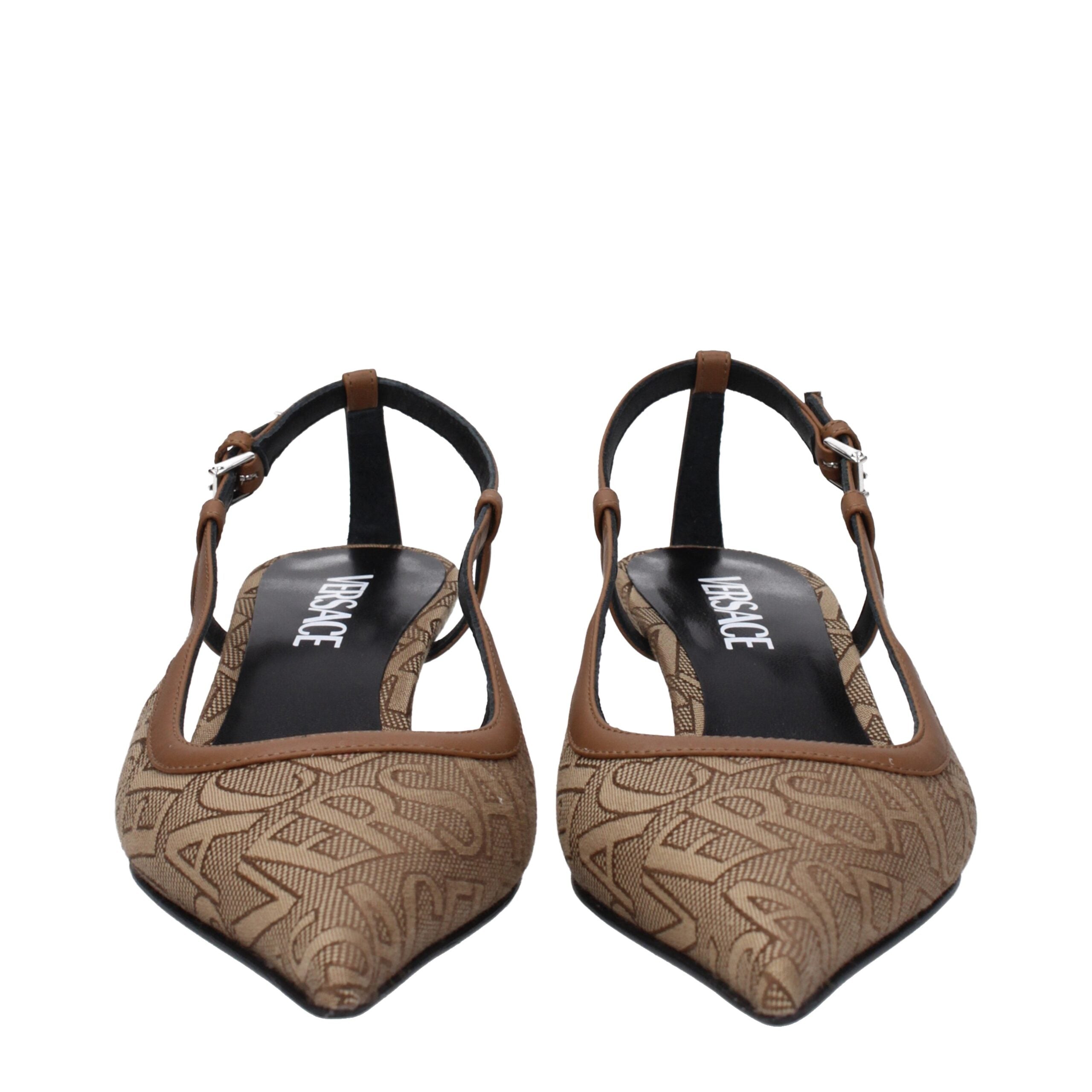 Beige Fabric Mid Heel PumpsDescription: The product with MPN 10114021A079772N24P and code F79955 fabric in beige is a sandals designed by Versace. It has features like logo. Additional Info: Style: Casual Closing type: Buckle Closure Materials: Fabric Sho