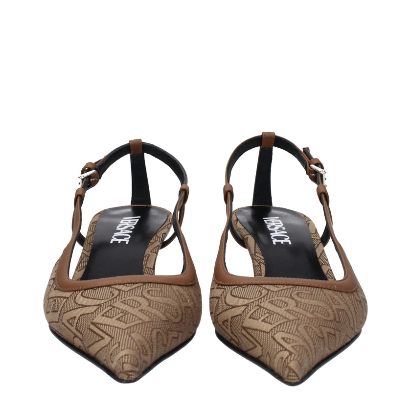 Beige Fabric Mid Heel PumpsDescription: The product with MPN 10114021A079772N24P and code F79955 fabric in beige is a sandals designed by Versace. It has features like logo. Additional Info: Style: Casual Closing type: Buckle Closure Materials: Fabric Sho