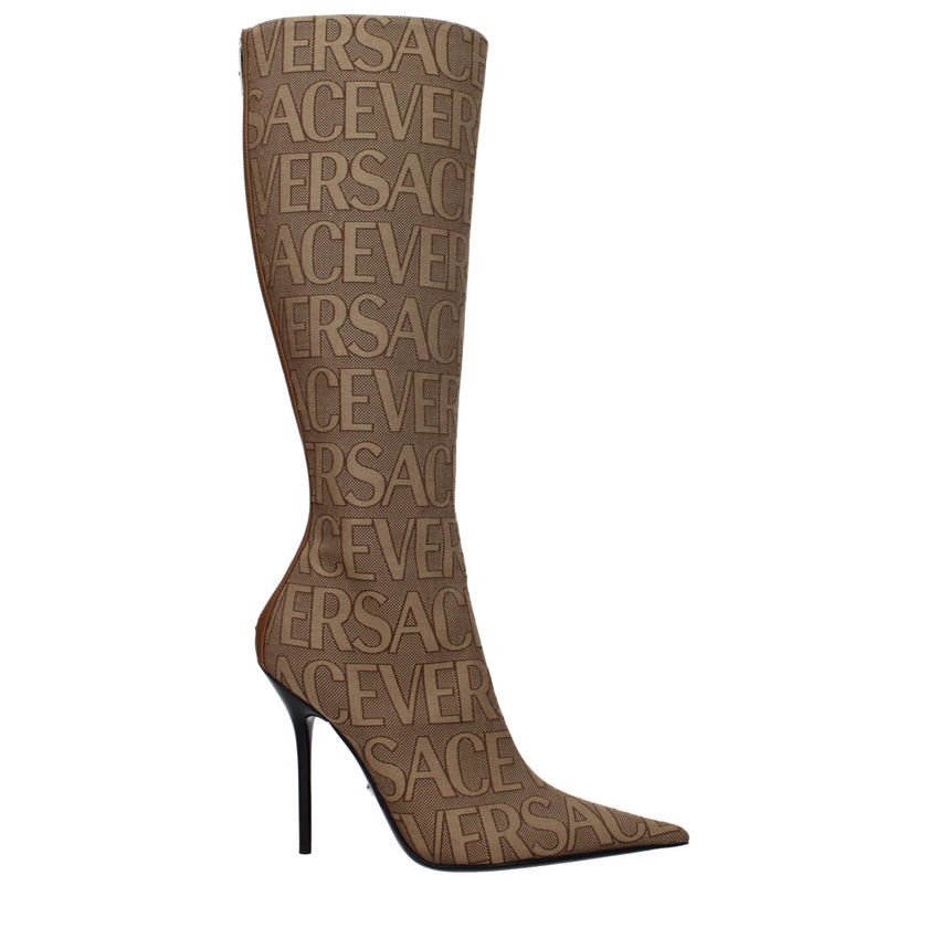 Beige Fabric High Heel BootsDescription: The product with MPN 10113981A079772N24P and code F80012 fabric in beige is a boots designed by Versace. It has features like logo. Additional Info: Style: Casual Closing type: Zip Closure Materials: Fabric Shoe so